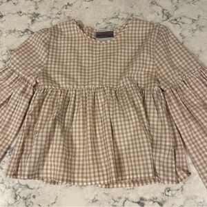 Urban Renewal Upcycled Tan & White Gingham Bell-Sleeve Top Size Medium